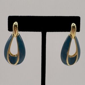 VINTAGE Gold-Tone Teal Blue Enamel Door Knocker Earrings